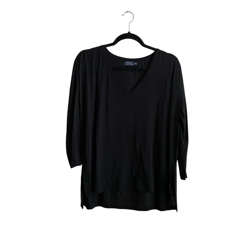 Polo Ralph Lauren Women SZ M Black Lightweight V-Neck 3/4 Sleeve Black Tunic Top